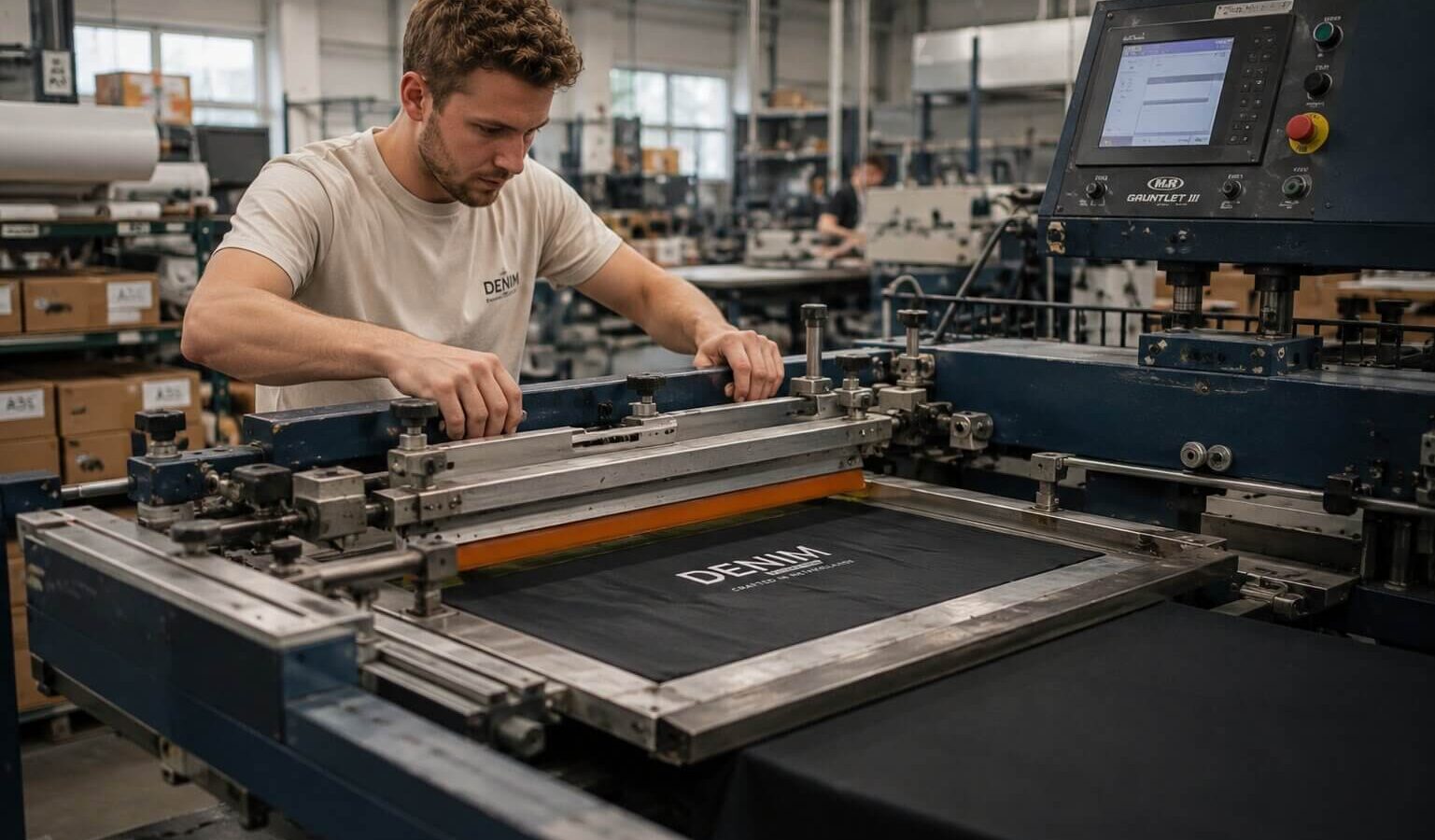 Werknemer aan het werk met t-shirts
