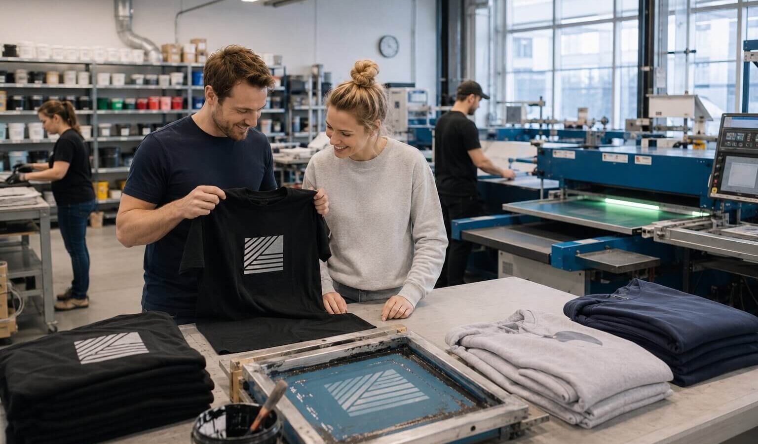 Twee collega's staan samen bij de drukpers.