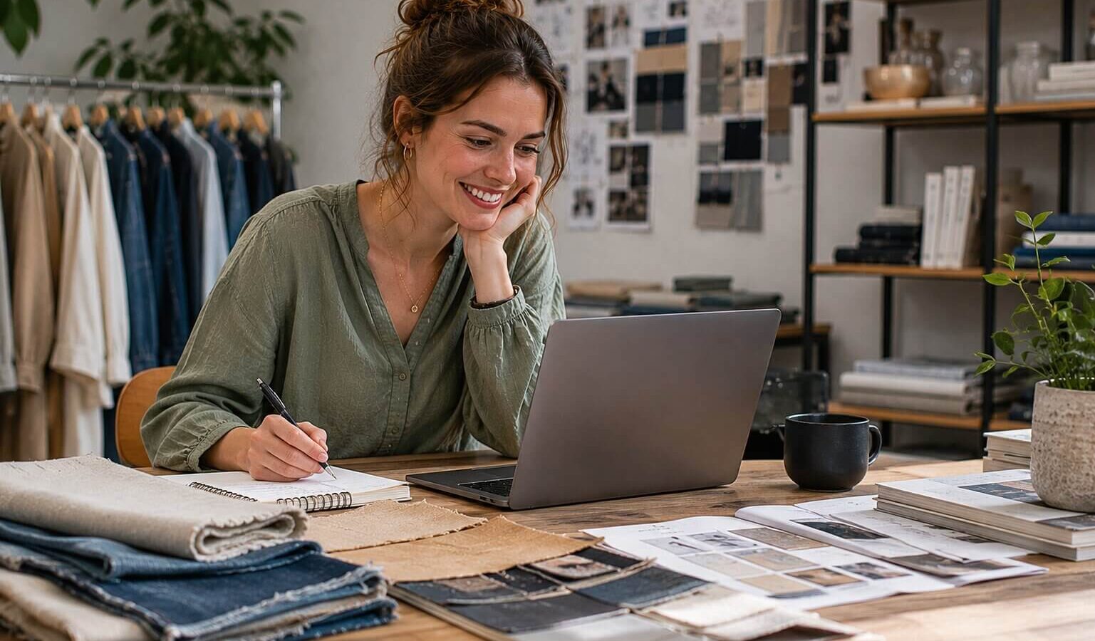Zelfstandig ondernemer zit achter haar laptop in haar studio.