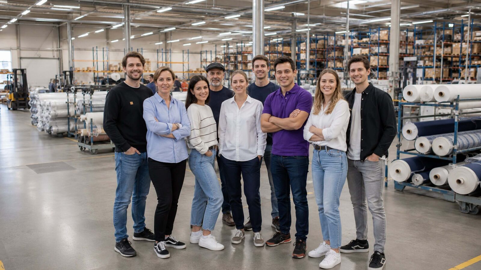 Teamfoto in een magazijn